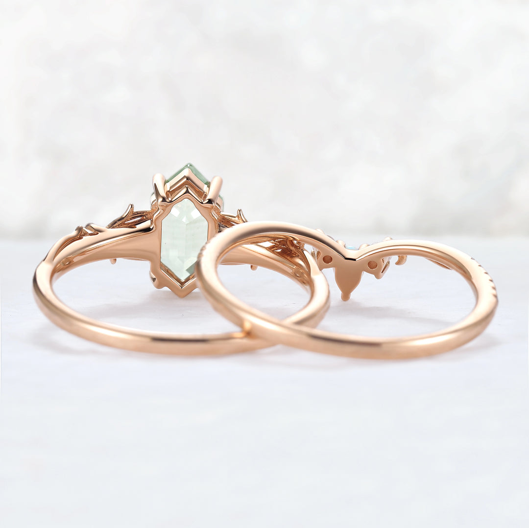 Unique Hexagon Cut Lab Green Sapphire Vine Gemstone Ring Set 2pcs