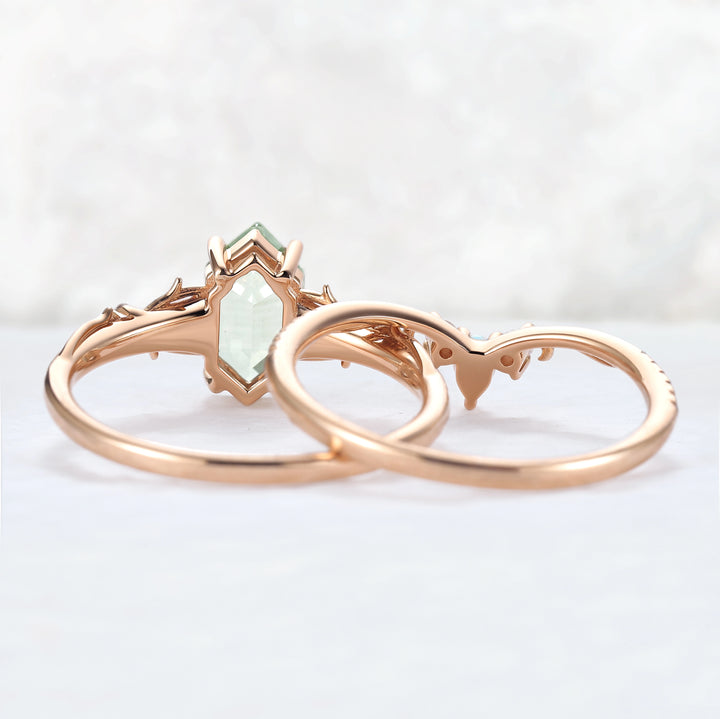 Unique Hexagon Cut Lab Green Sapphire Vine Gemstone Ring Set 2pcs