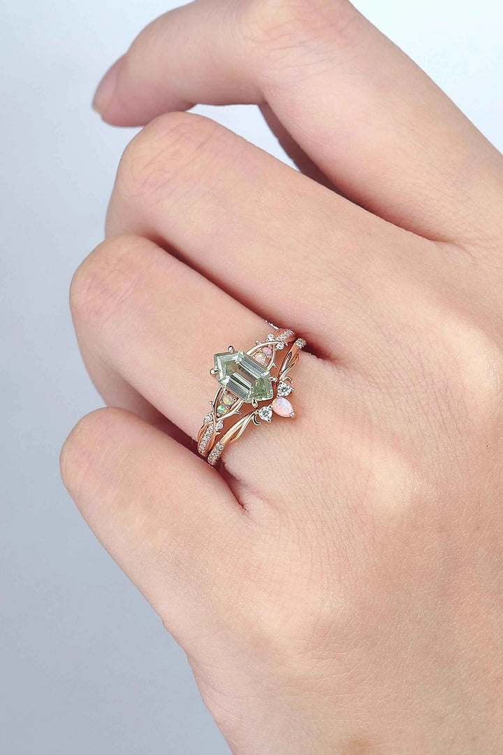 Unique Hexagon Cut Lab Green Sapphire Vine Gemstone Ring Set 2pcs