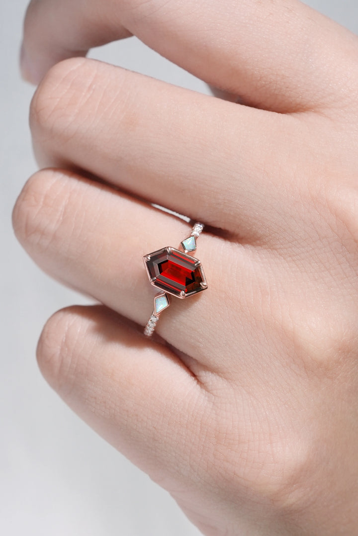 Unique Hexagon Cut Lab Ruby Half Eternity Engagement Ring