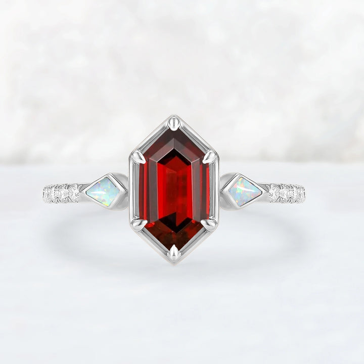 Unique Hexagon Cut Lab Ruby Half Eternity Engagement Ring