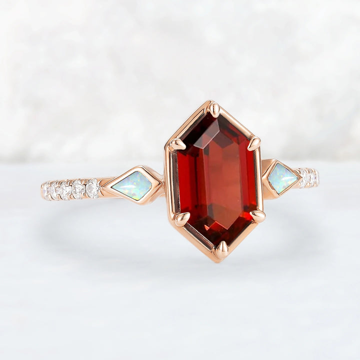 Unique Hexagon Cut Lab Ruby Half Eternity Engagement Ring