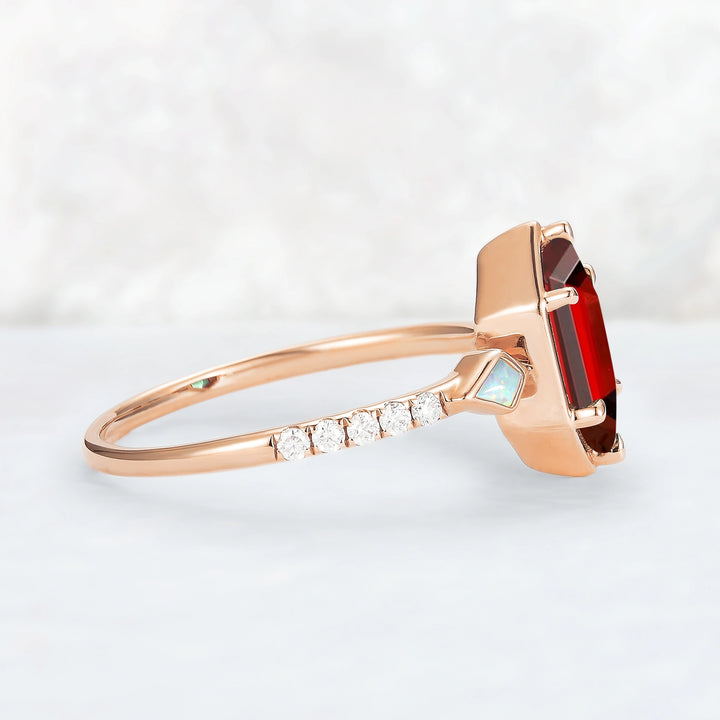 Unique Hexagon Cut Lab Ruby Half Eternity Engagement Ring
