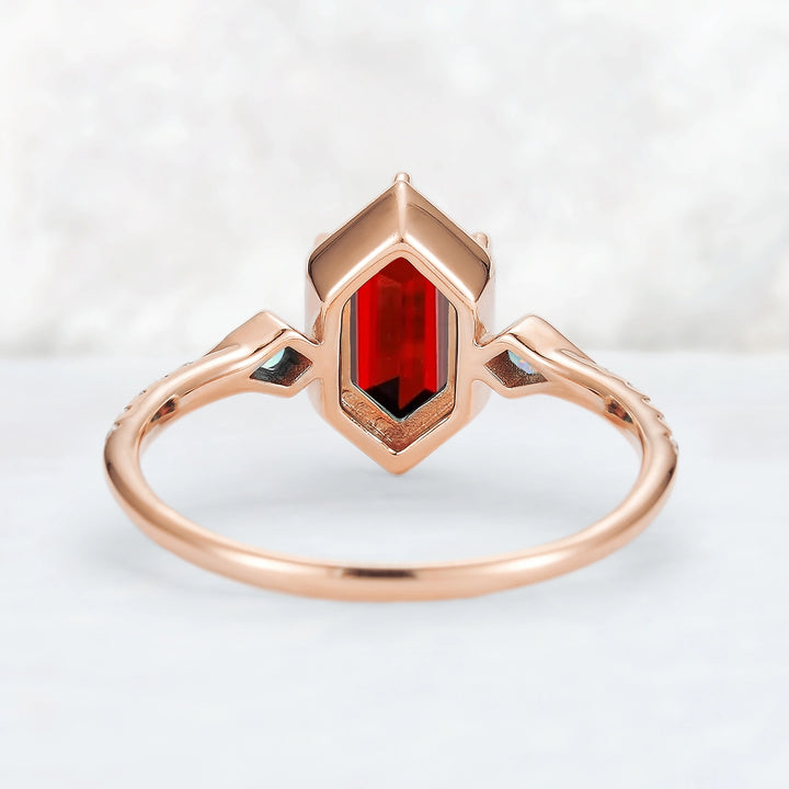 Unique Hexagon Cut Lab Ruby Half Eternity Engagement Ring