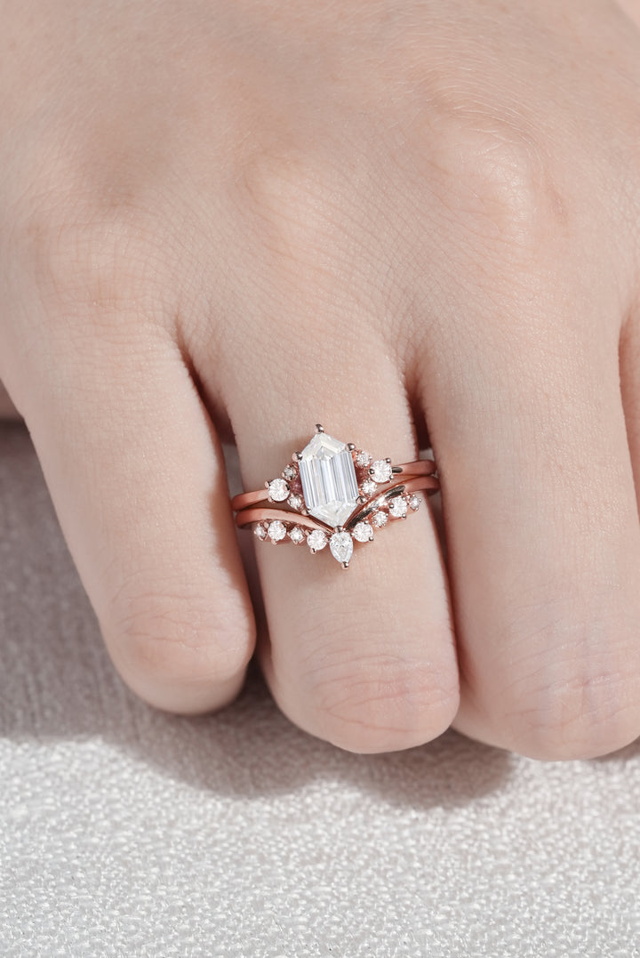Unique Hexagon Cut Moissanite Cluser Seven Stone Engagement Ring Set 2pcs