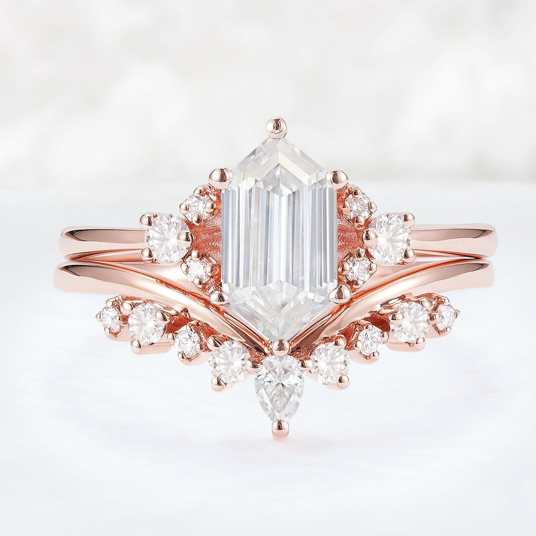 Unique Hexagon Cut Moissanite Cluser Seven Stone Engagement Ring Set 2pcs