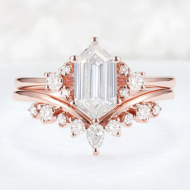 Unique Hexagon Cut Moissanite Cluser Seven Stone Engagement Ring Set 2pcs