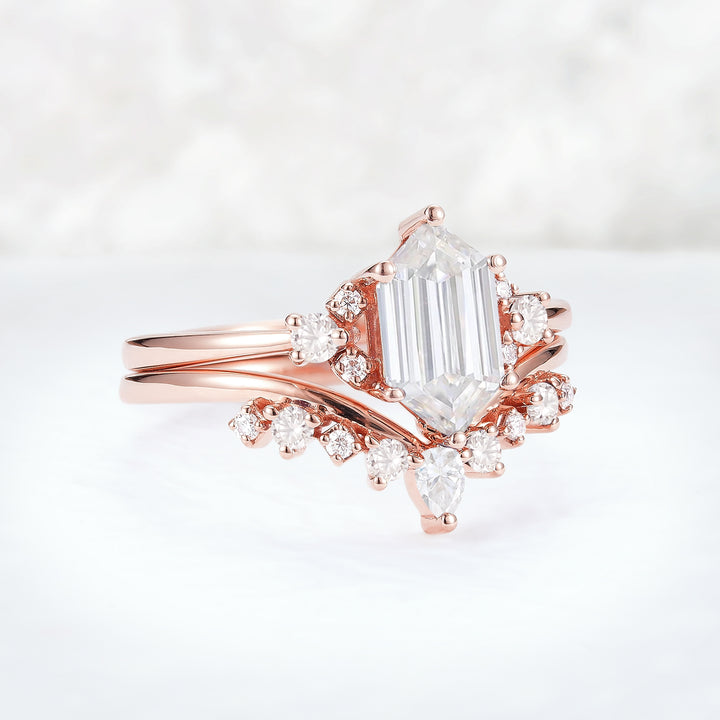 Unique Hexagon Cut Moissanite Cluser Seven Stone Engagement Ring Set 2pcs-2