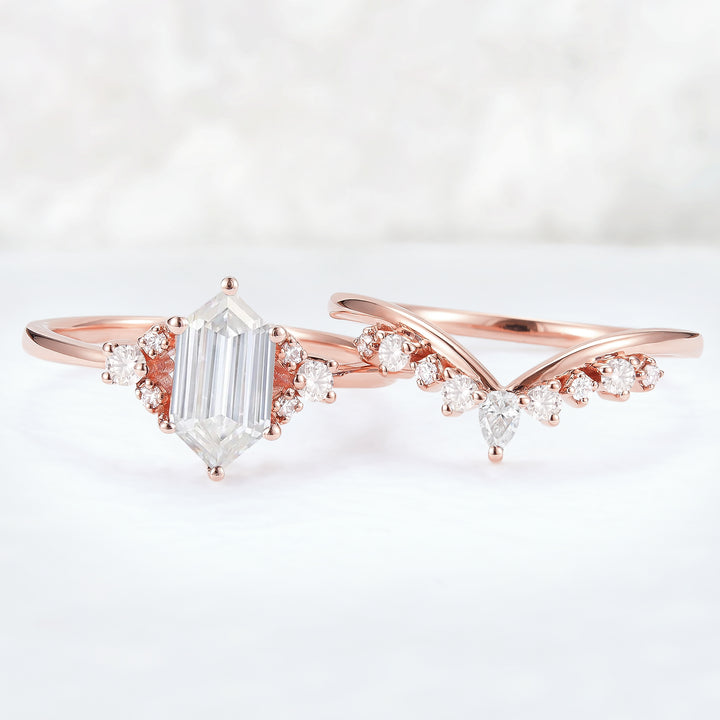 Unique Hexagon Cut Moissanite Cluser Seven Stone Engagement Ring Set 2pcs-3