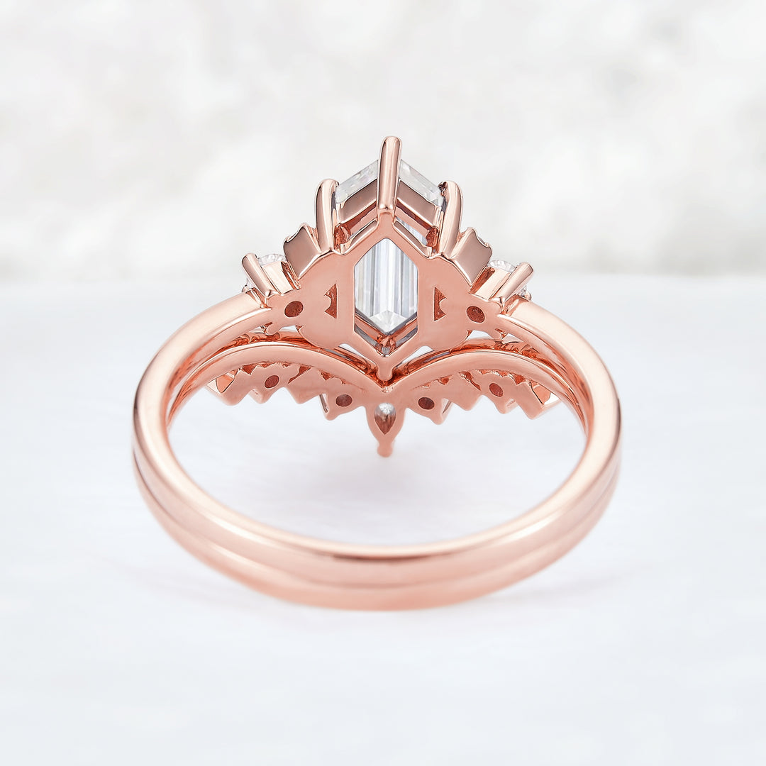 Unique Hexagon Cut Moissanite Cluser Seven Stone Engagement Ring Set 2pcs-4