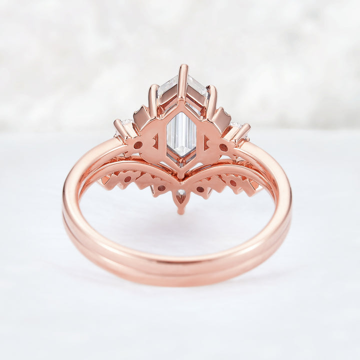 Unique Hexagon Cut Moissanite Cluser Seven Stone Engagement Ring Set 2pcs-4