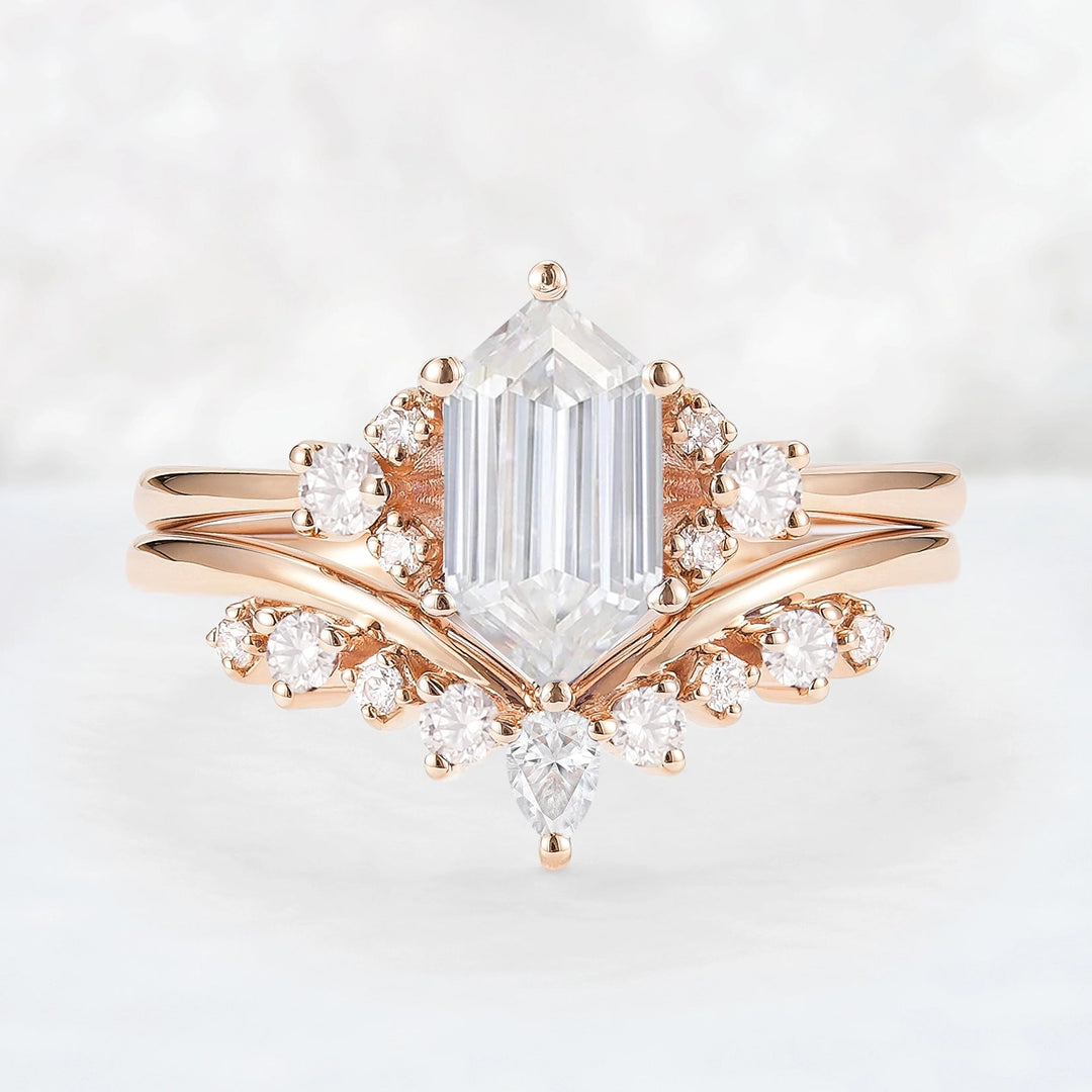 Unique Hexagon Cut Moissanite Cluser Seven Stone Gemstone Ring Set 2pcs