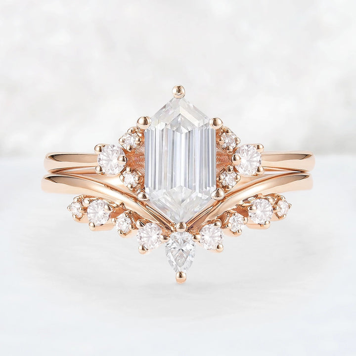 Unique Hexagon Cut Moissanite Cluser Seven Stone Gemstone Ring Set 2pcs