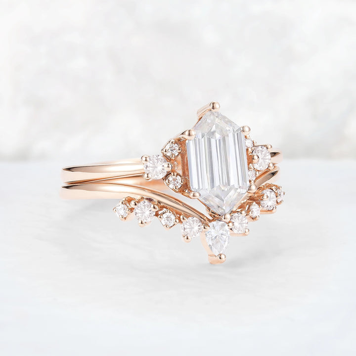 Unique Hexagon Cut Moissanite Cluser Seven Stone Gemstone Ring Set 2pcs