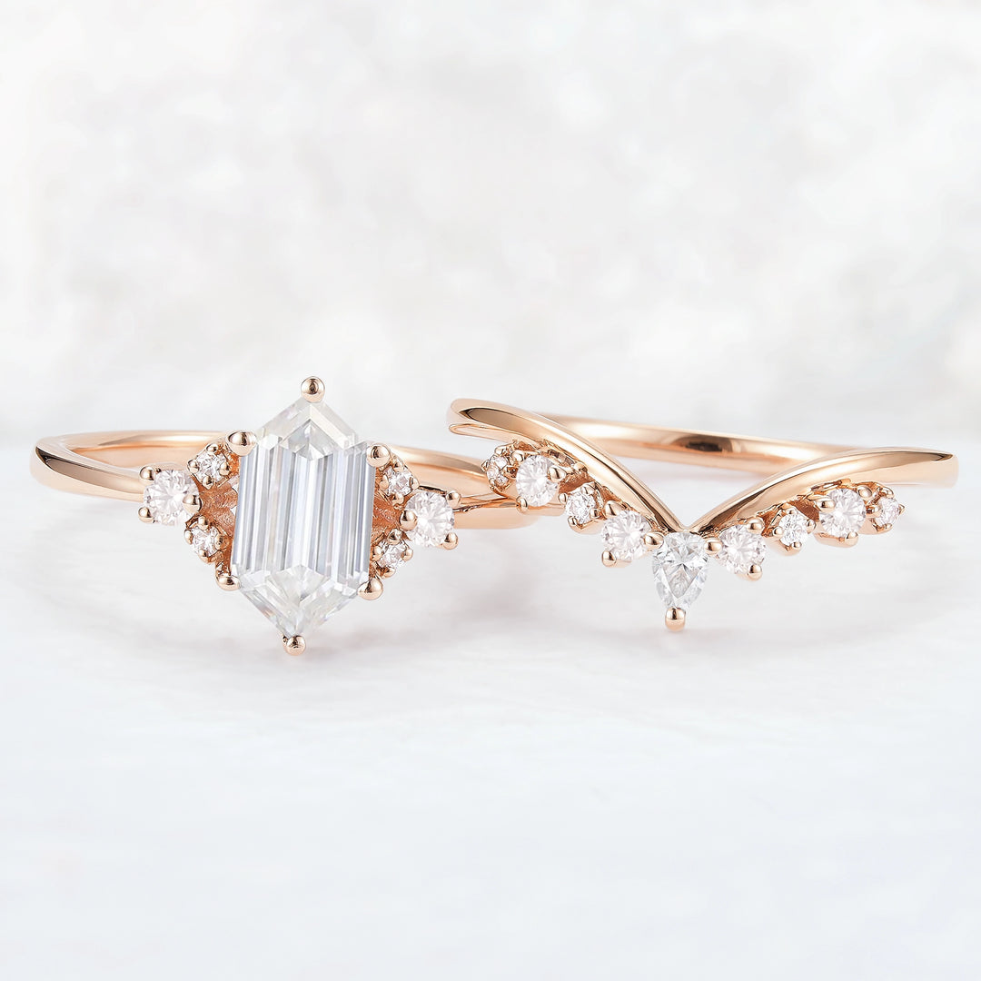 Unique Hexagon Cut Moissanite Cluser Seven Stone Gemstone Ring Set 2pcs