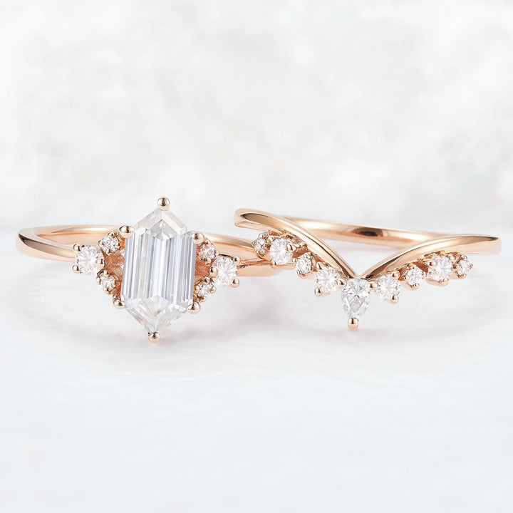 Unique Hexagon Cut Moissanite Cluser Seven Stone Gemstone Ring Set 2pcs