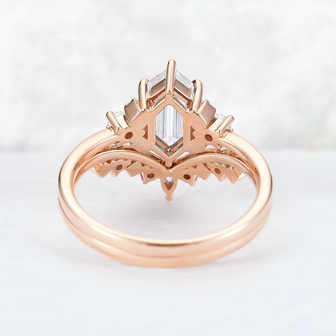 Unique Hexagon Cut Moissanite Cluser Seven Stone Gemstone Ring Set 2pcs