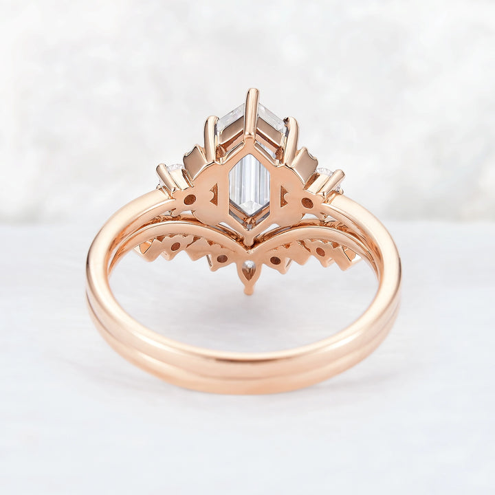 Unique Hexagon Cut Moissanite Cluser Seven Stone Gemstone Ring Set 2pcs