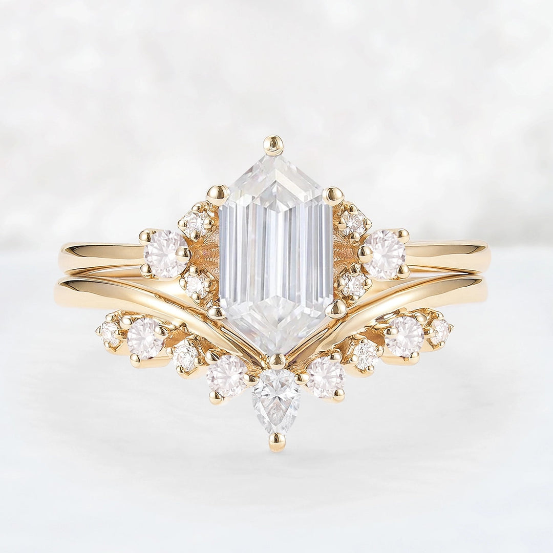 Unique Hexagon Cut Moissanite Cluser Seven Stone Gemstone Ring Set 2pcs