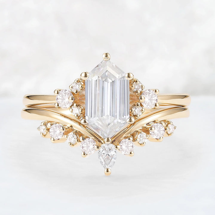 Unique Hexagon Cut Moissanite Cluser Seven Stone Gemstone Ring Set 2pcs