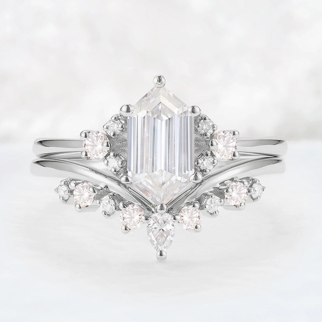 Unique Hexagon Cut Moissanite Cluser Seven Stone Gemstone Ring Set 2pcs