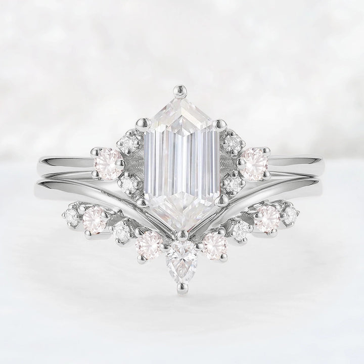 Unique Hexagon Cut Moissanite Cluser Seven Stone Gemstone Ring Set 2pcs