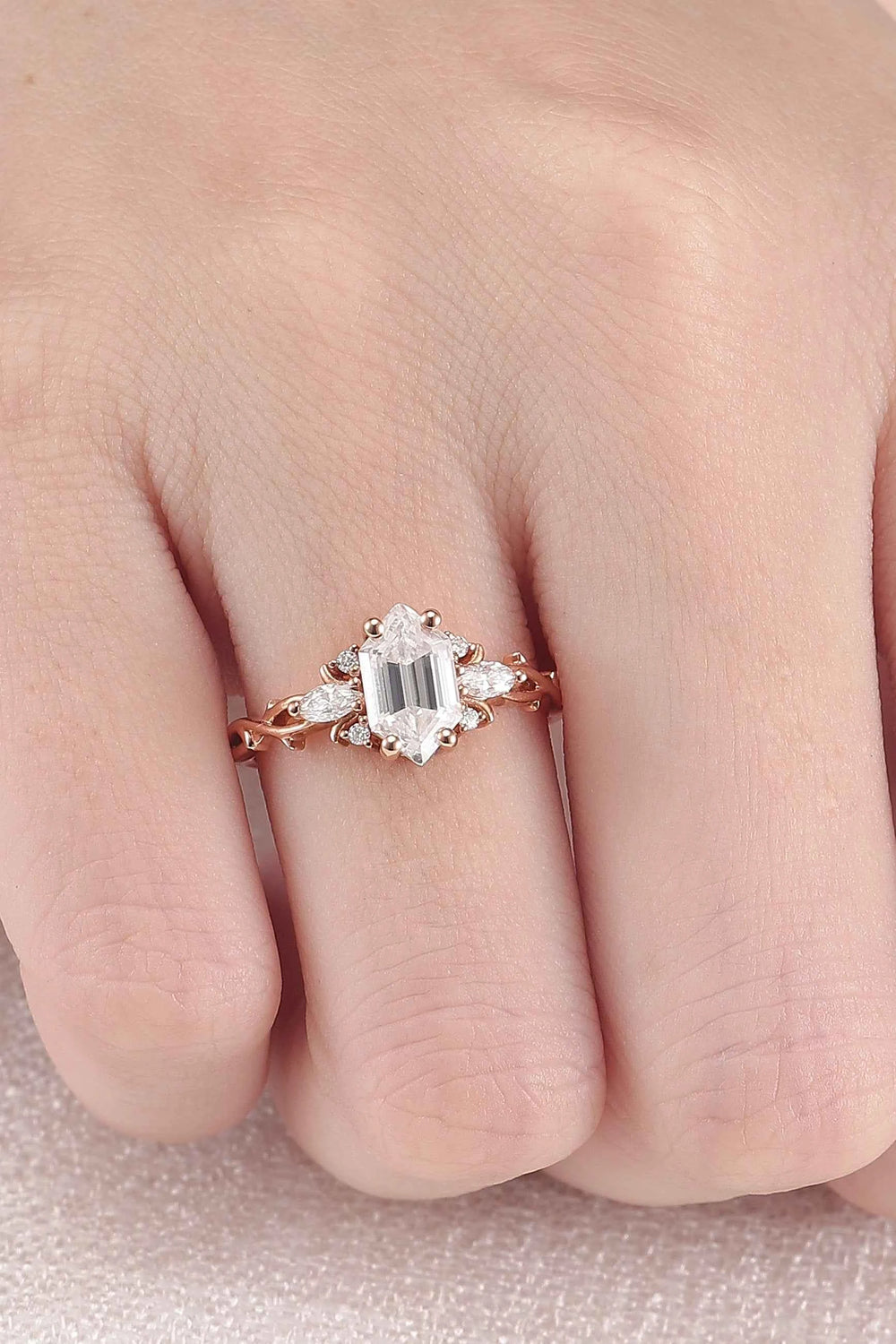 Unique Hexagon Cut Moissanite Vine Engagement Ring