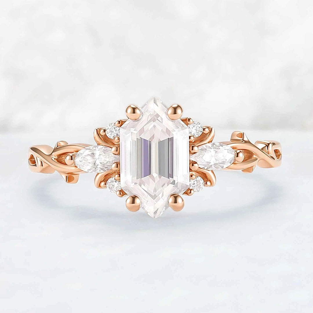 Unique Hexagon Cut Moissanite Vine Engagement Ring