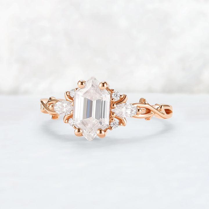 Unique Hexagon Cut Moissanite Vine Engagement Ring