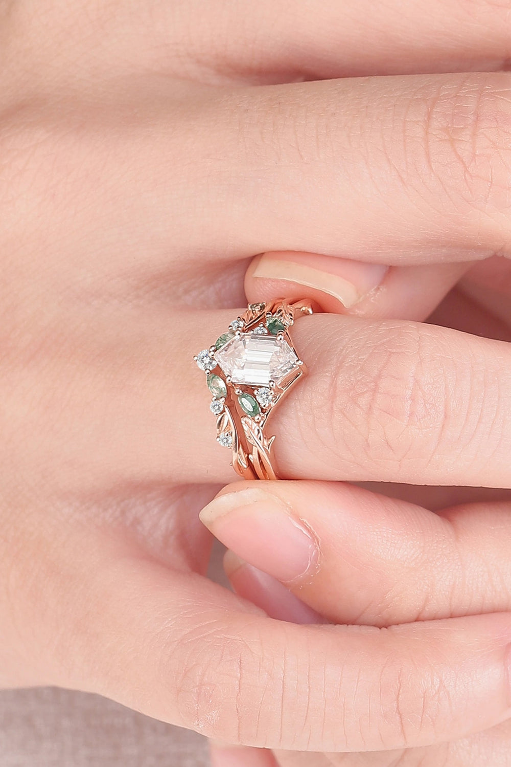 Unique Hexagon Cut Moissanite Vine Gemstone Ring Set 2pcs