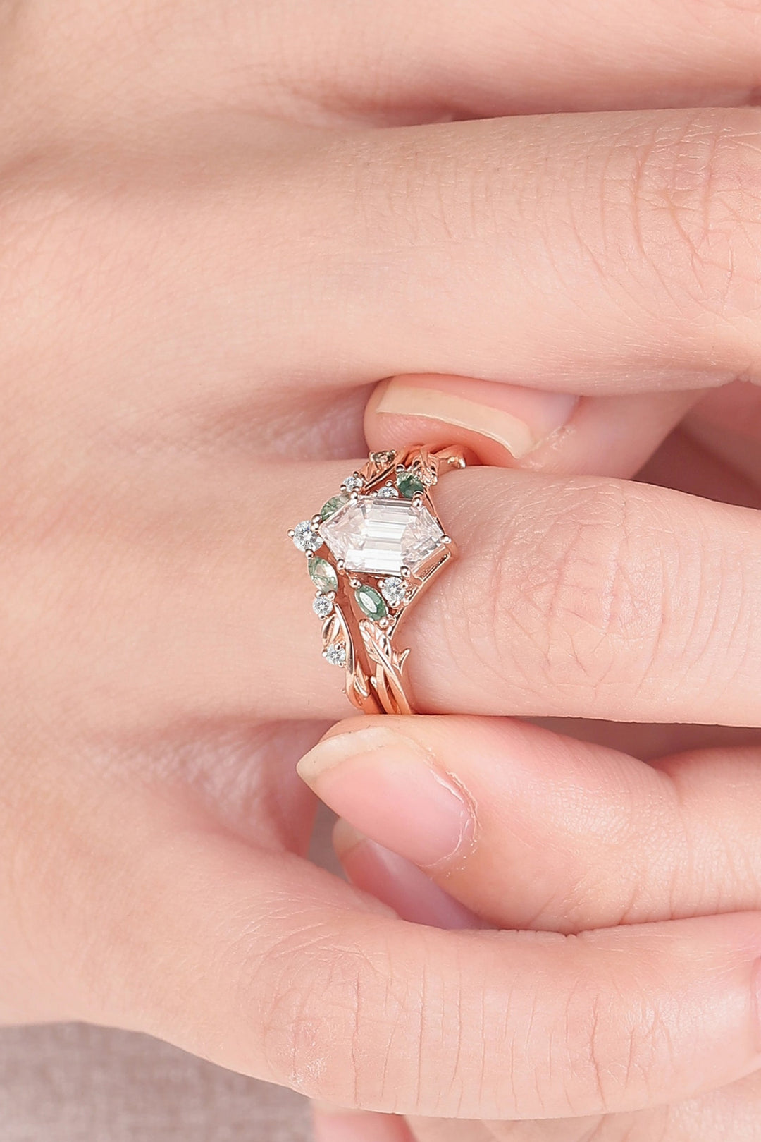 Unique Hexagon Cut Moissanite Vine Gemstone Ring Set 2pcs