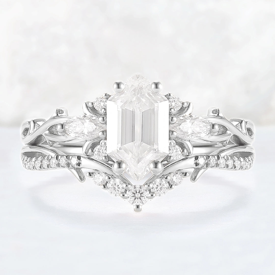 Unique Hexagon Cut Moissanite Vine Gemstone Ring Set 2pcs
