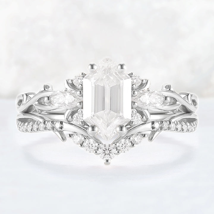 Unique Hexagon Cut Moissanite Vine Gemstone Ring Set 2pcs
