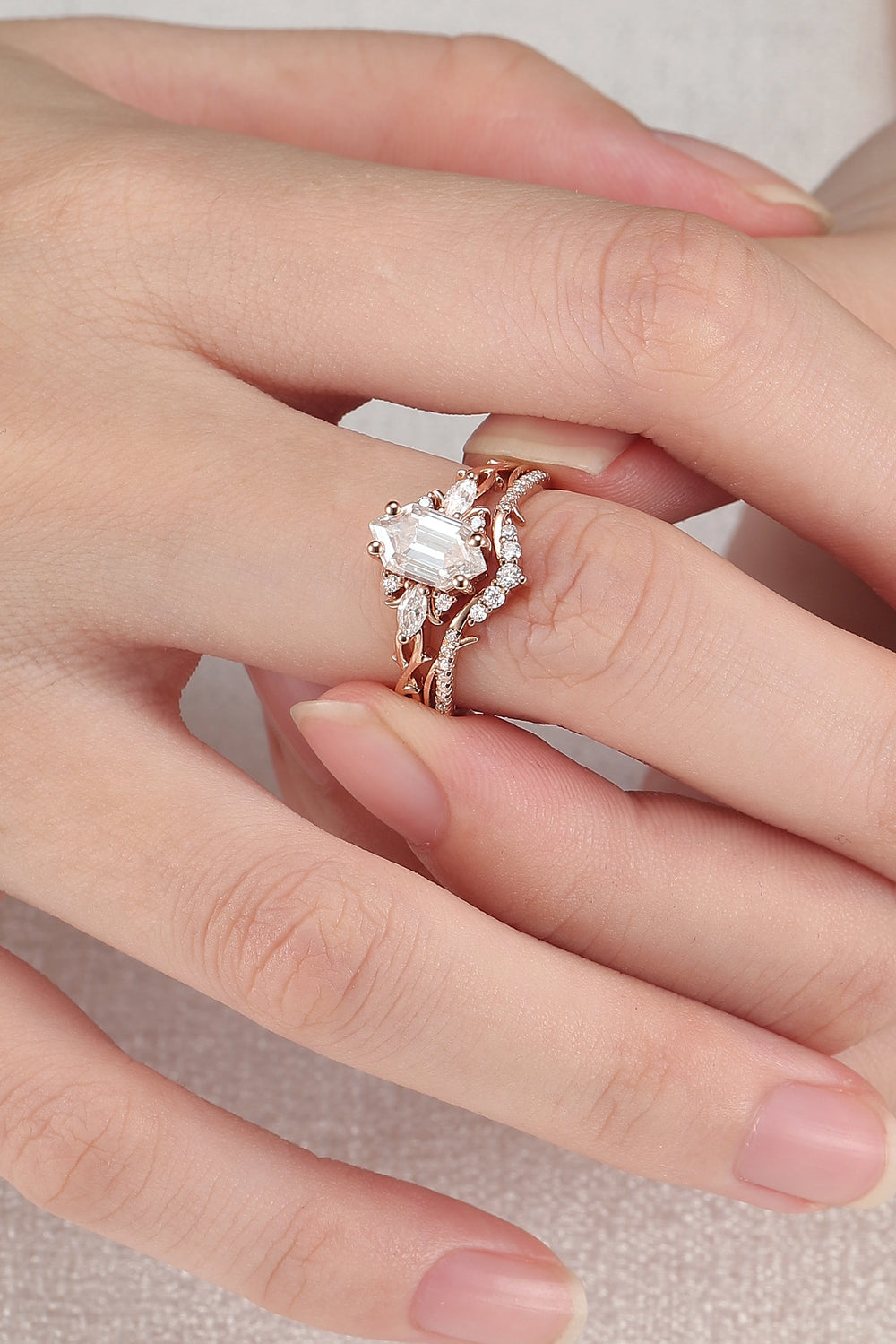 Unique Hexagon Cut Moissanite Vine Gemstone Ring Set 2pcs