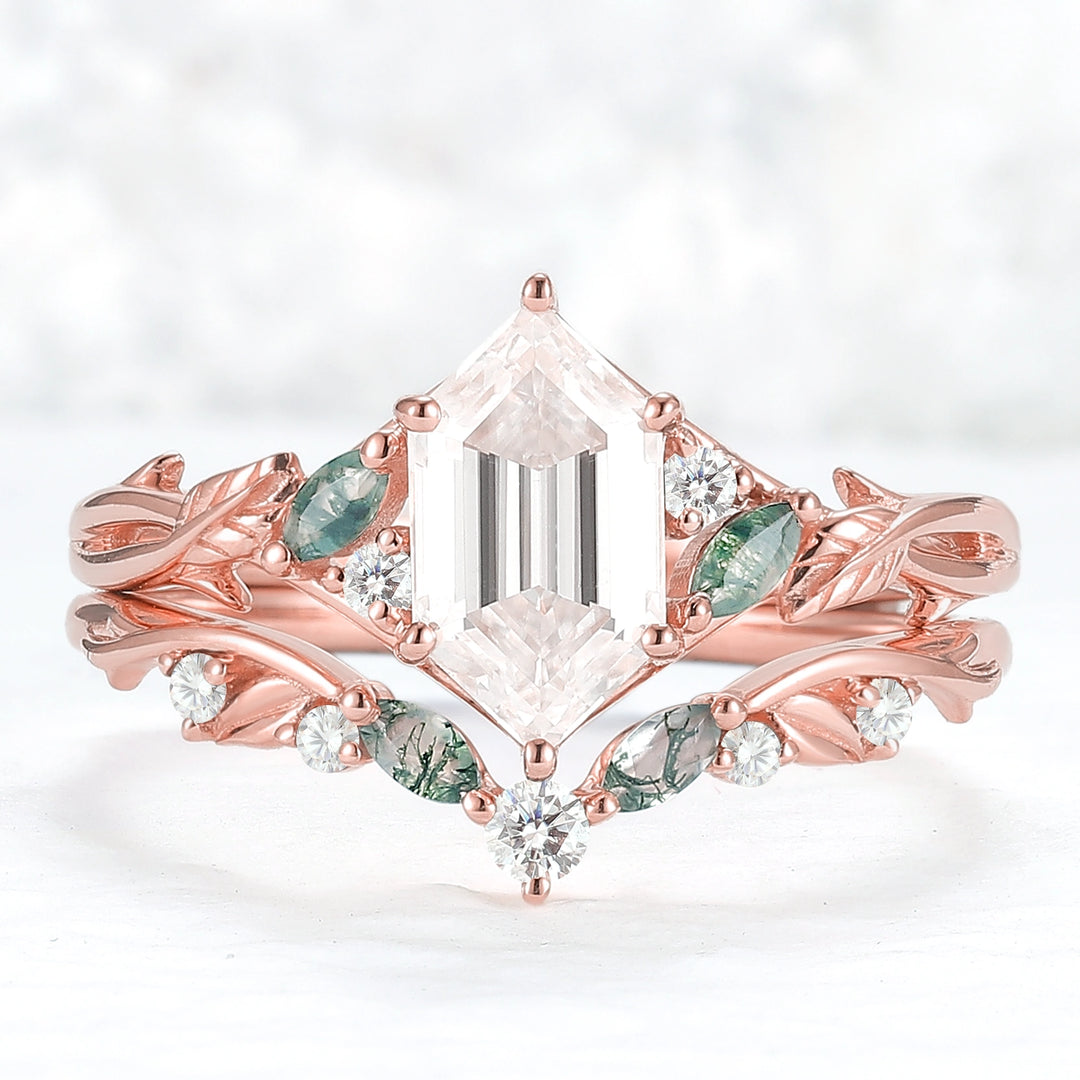 Unique Hexagon Cut Moissanite Vine Gemstone Ring Set 2pcs