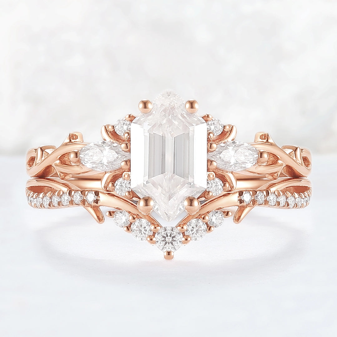 Unique Hexagon Cut Moissanite Vine Gemstone Ring Set 2pcs