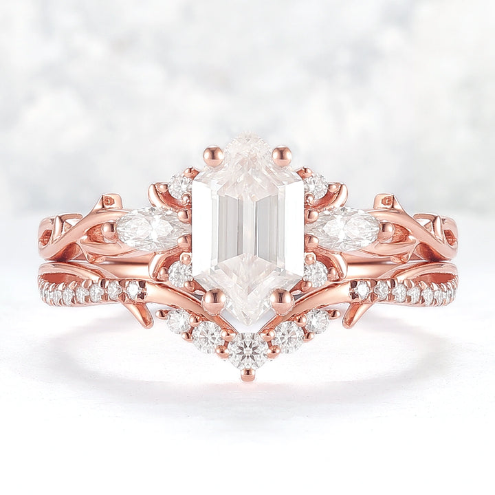 Unique Hexagon Cut Moissanite Vine Gemstone Ring Set 2pcs