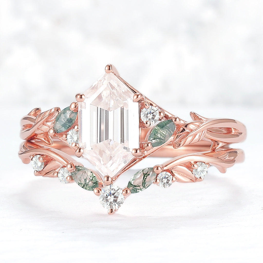 Unique Hexagon Cut Moissanite Vine Gemstone Ring Set 2pcs