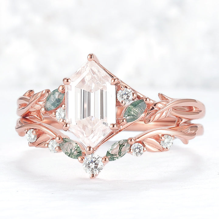 Unique Hexagon Cut Moissanite Vine Gemstone Ring Set 2pcs
