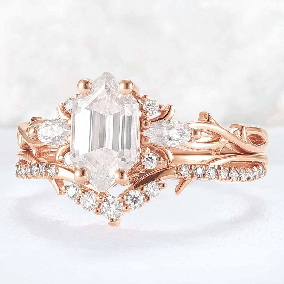 Unique Hexagon Cut Moissanite Vine Gemstone Ring Set 2pcs