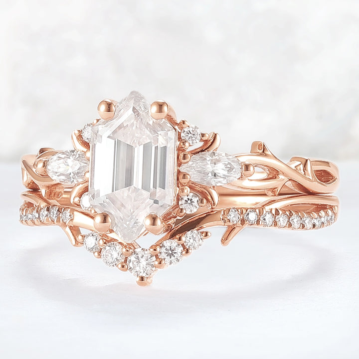 Unique Hexagon Cut Moissanite Vine Gemstone Ring Set 2pcs