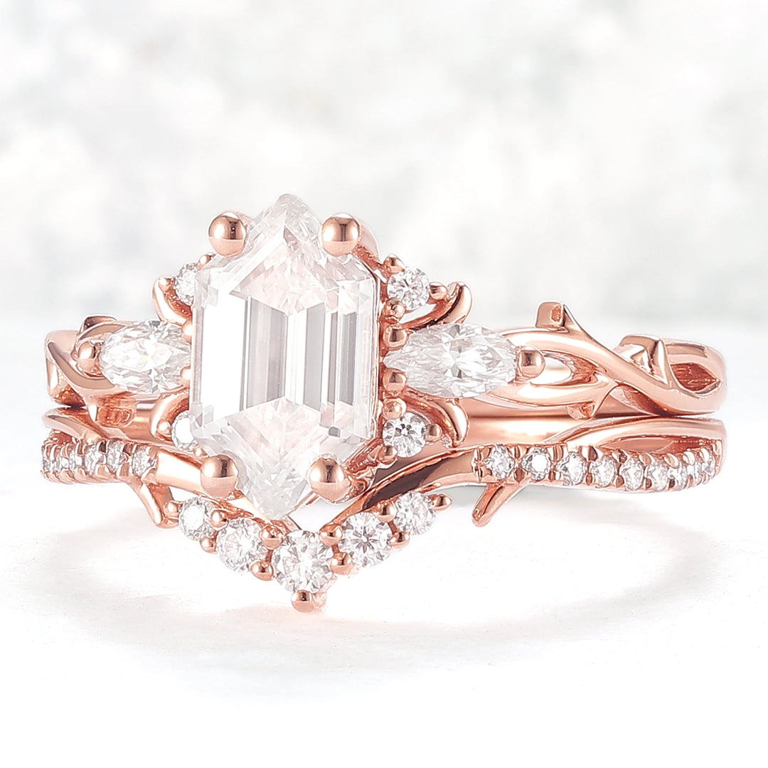 Unique Hexagon Cut Moissanite Vine Gemstone Ring Set 2pcs