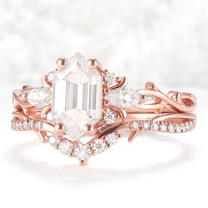 Unique Hexagon Cut Moissanite Vine Gemstone Ring Set 2pcs