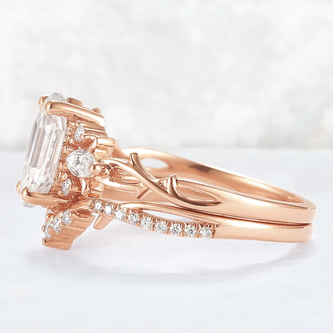 Unique Hexagon Cut Moissanite Vine Gemstone Ring Set 2pcs