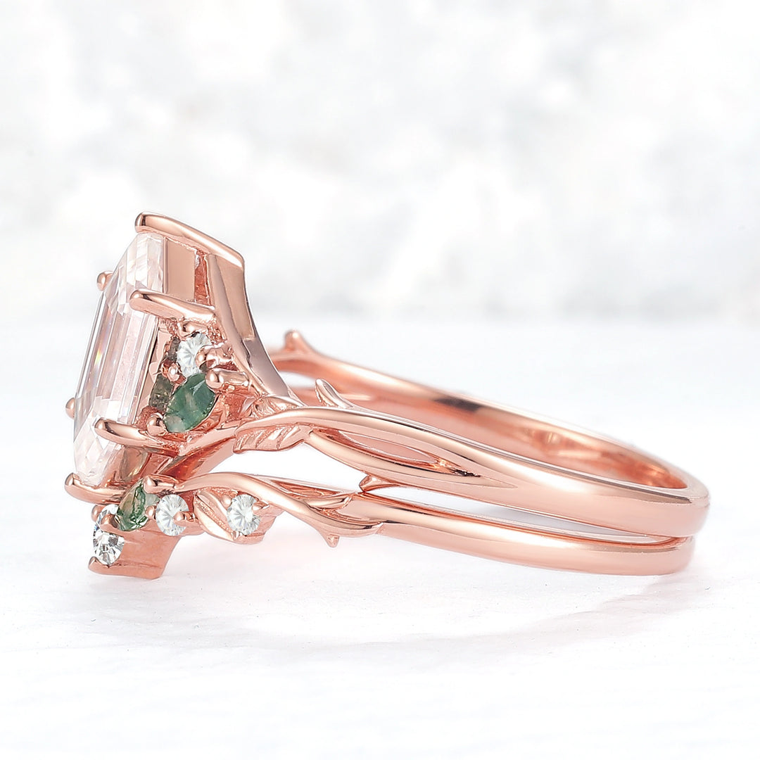 Unique Hexagon Cut Moissanite Vine Gemstone Ring Set 2pcs