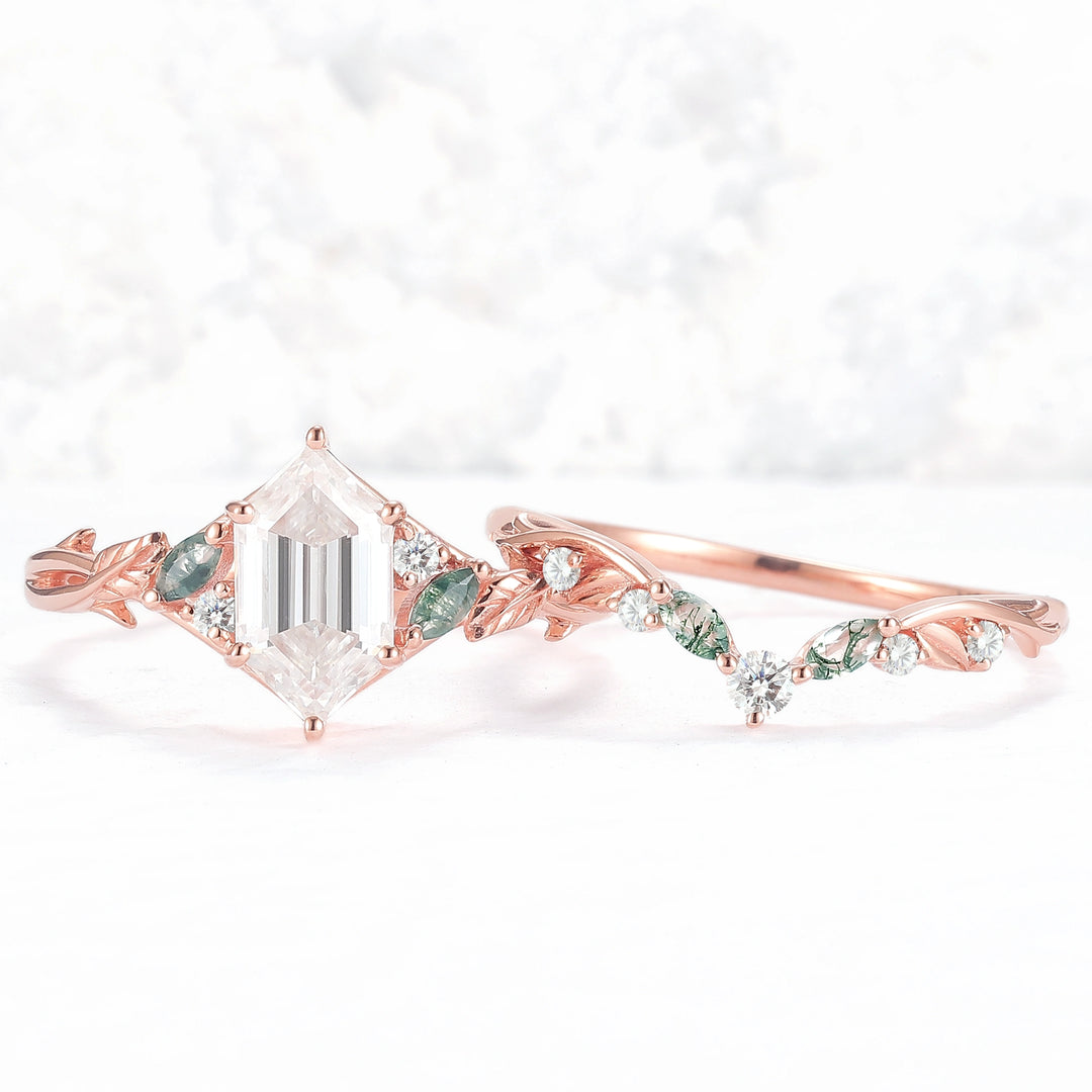 Unique Hexagon Cut Moissanite Vine Gemstone Ring Set 2pcs