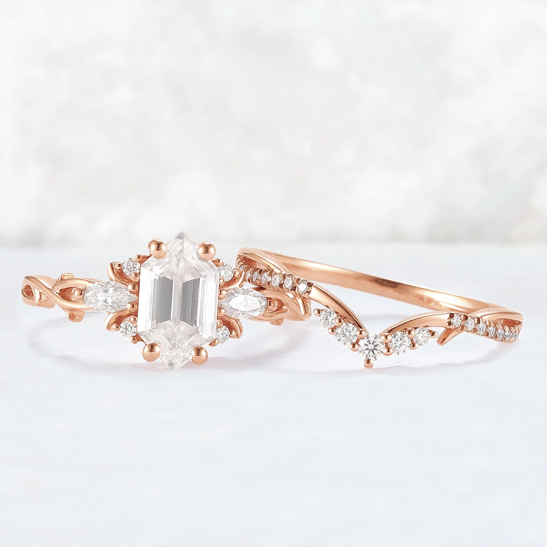 Unique Hexagon Cut Moissanite Vine Gemstone Ring Set 2pcs