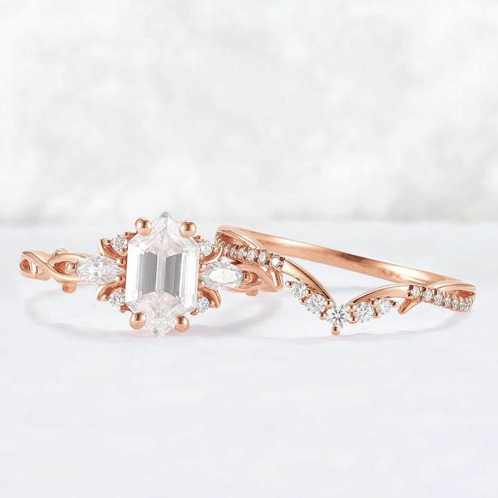 Unique Hexagon Cut Moissanite Vine Gemstone Ring Set 2pcs