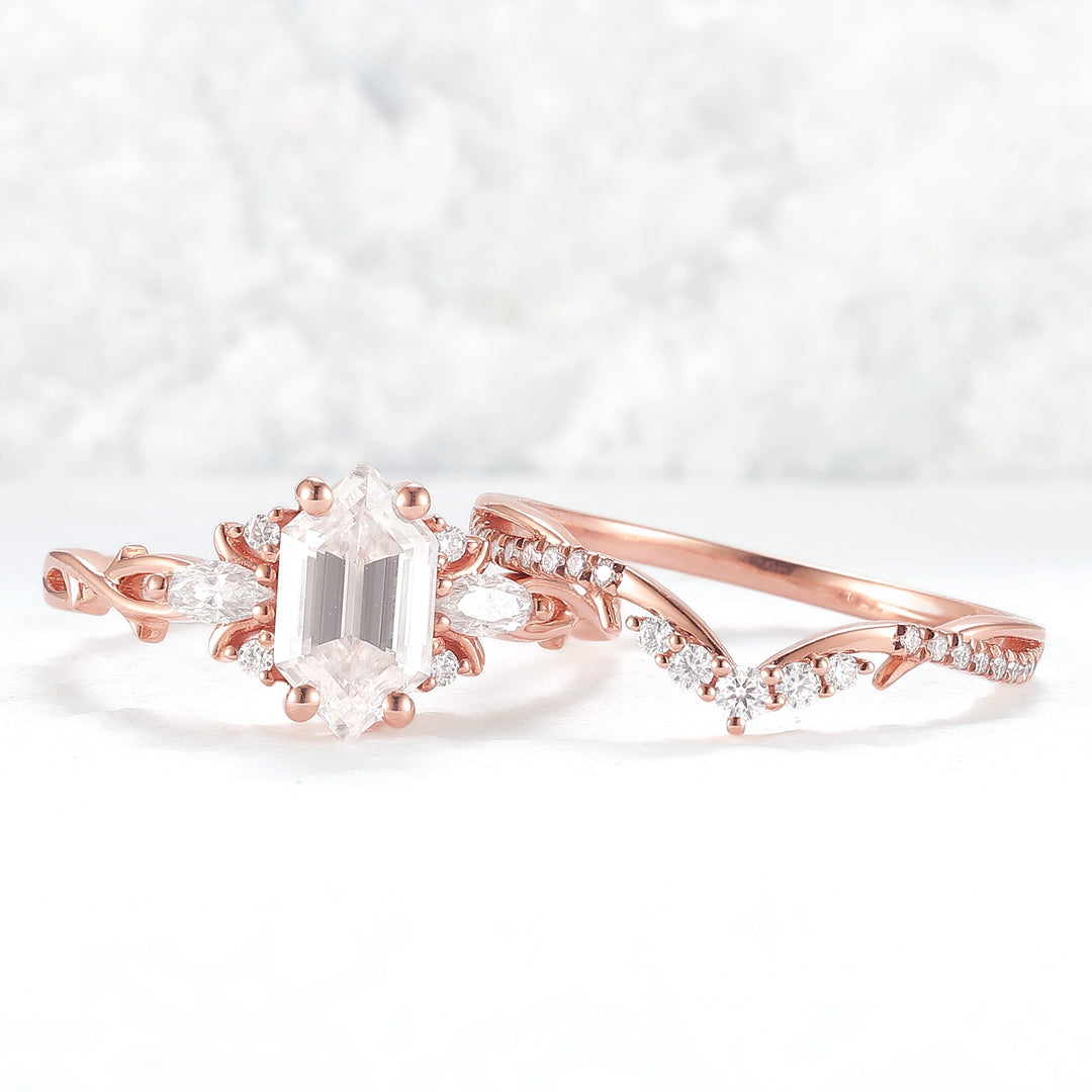 Unique Hexagon Cut Moissanite Vine Gemstone Ring Set 2pcs