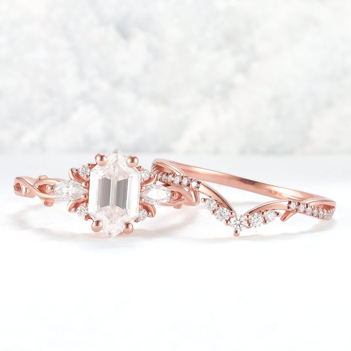 Unique Hexagon Cut Moissanite Vine Gemstone Ring Set 2pcs